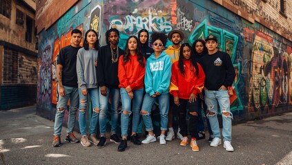 Naklejka premium Posing group of ten wearing hoodies, ripped jeans, sneakers in alley, with graffiti-covered walls