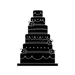 Elegant black and white silhouette of a tall multi-tiered wedding cake with decorative accents