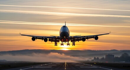 Naklejka premium Large Airplane Landing at Sunset over Runway.