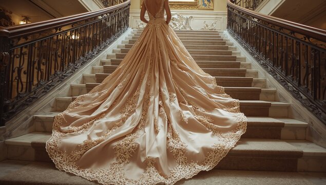 Standing bride in wedding gown descending marble staircase in mansion, with lace train and railing - Powered by Adobe