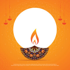 Happy Diwali celebration background. front view of banner design decorated with illuminated oil lamps on patterned red background. vector illustration	

