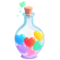 potion bottle with pastel hearts inside, kawaii pastel watercolor, transparent background