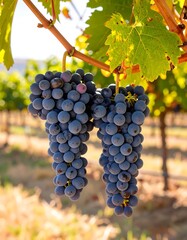 Naklejka premium Clusters of plump dark grapes hanging from vines