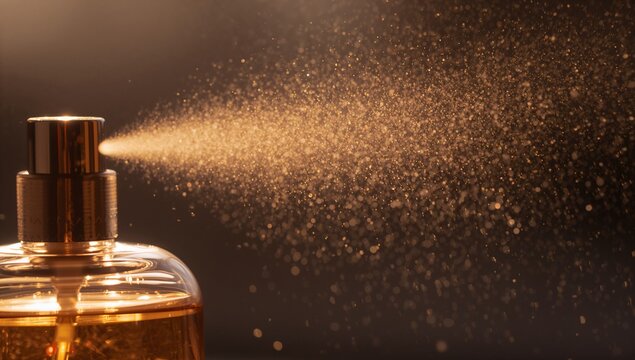 Spraying golden mist from metallic gold nozzle on transparent perfume bottle in studio, copy space