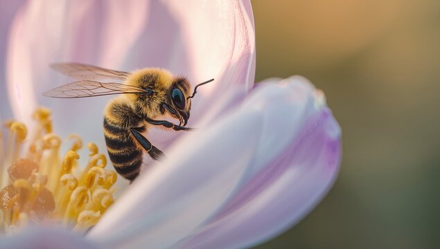 Perching honey bee extending wings on pale pink flower petal in garden, with yellow stamens - Powered by Adobe