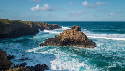 Surging turquoise water crashing around brown outcrop on layered cliff coast, with white sea foam