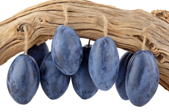 Decorative blue eggs hanging from a rustic wooden branch, showcasing a harmonious blend of nature and artistry, ideal for seasonal celebrations or home decor inspiration