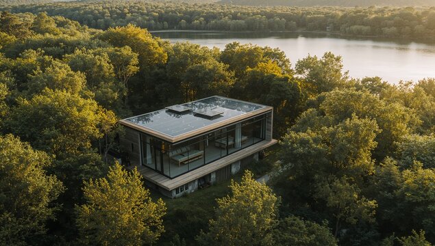 Cabin sitting on stilts in forested lakeside, with solar panels, glass walls, deck, bench and table