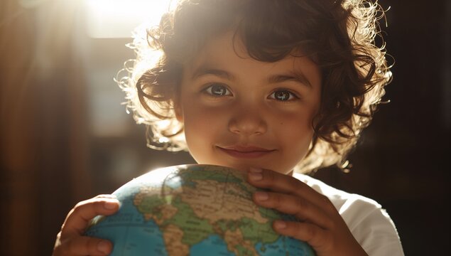 Curly-haired child holding world globe and soaking up backlight in home study, with learning theme - Powered by Adobe