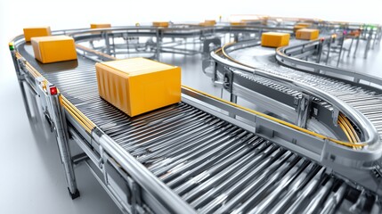 An industrial forklift moves a steel shopping cart through a busy factory warehouse