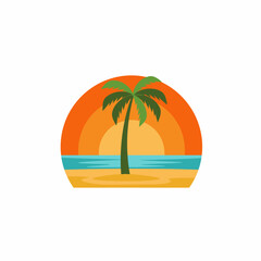 Vibrant tropical beach sunset scene with palm tree ocean and sand horizon