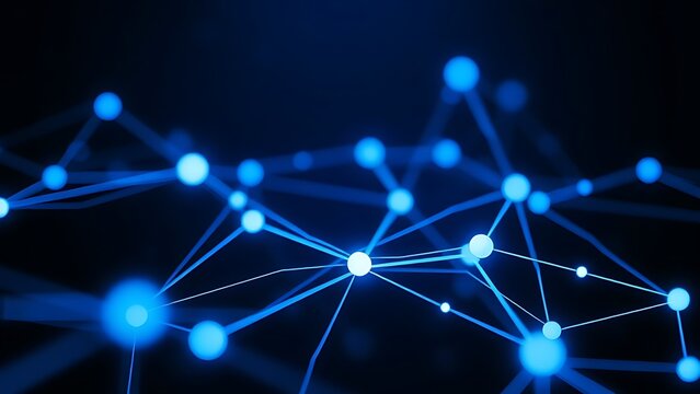 Abstract digital network visualization with glowing blue nodes and flowing connections on dark background.