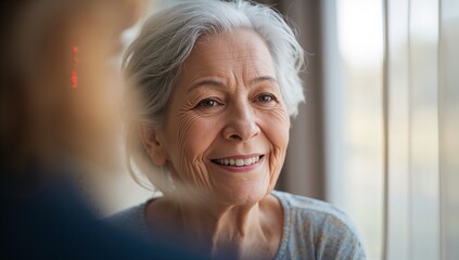 Fototapeta premium Smiling senior woman sitting by window in living area, wearing patterned top by vertical blinds