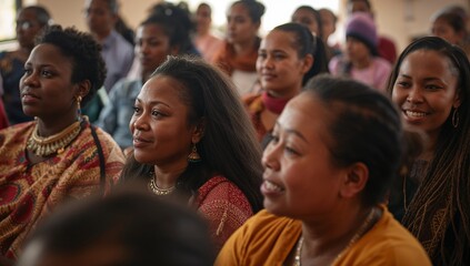 Fototapeta premium Listening group of African American women facing speaker in meeting room, wearing beaded necklaces