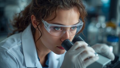 Female scientist in lab coat and gloves peering through microscope in lab, with reagent bottles