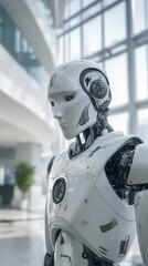 A vertical shot of a robot in a corporate lobby, a professional and clean image.