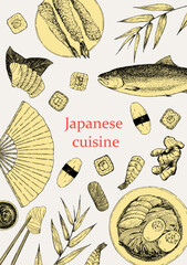 Japanese Restaurant Menu. Hand-drawn illustration of dishes and products. Ink. Vector	