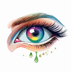 Artistic illustration of a human eye featuring a rainbow-colored iris, vivid makeup