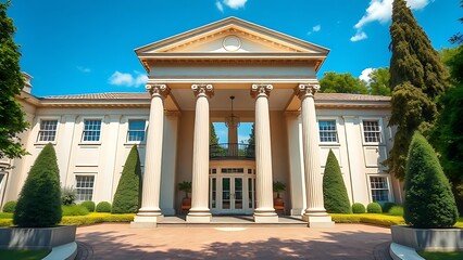 Obraz premium An elegant residence with classical columns, framed by blue skies and lush greenery.