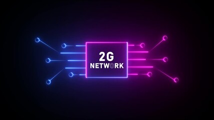 Neon 2G Network Symbol with Circuit Board Lines and Glowing Nodes on Black Background technology communication
