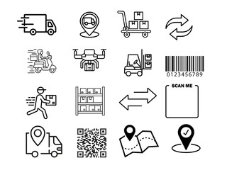 Delivery icon set featuring package, parcel, courier, delivery truck, scooter, drone, location pin, barcode, shopping bag, and order tracking symbols