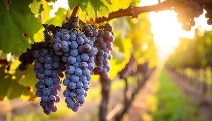 Fototapeta premium Clusters of purple grapes hanging from vines at sunset