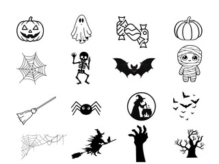 A spooky set of 30 Halloween outline icons on a clean white background.