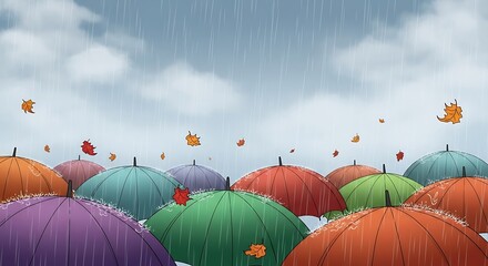 Obraz premium Colorful Umbrellas in a Rainy Autumn Scene.