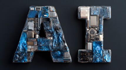 3D Glass AI Letters – Futuristic Blue Technology Chip Design Rendering