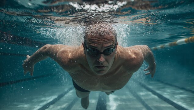 Swimming senior male athlete performing crawl stroke in pool lane, with goggles, trunks and bubbles