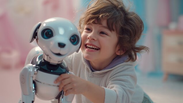 Smiling child reaching out to touch white robotic dog in pastel playroom, with glowing blue eyes - Powered by Adobe