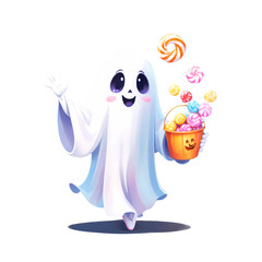 ghost with pumpkin-shaped balloon, kawaii pastel watercolor, transparent background
