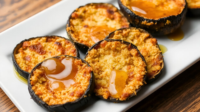 Fried breaded eggplant slices covered with honey.