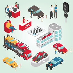 Isometric Car Dealership Concept Illustration with Various Vehicle and Customer Activities
