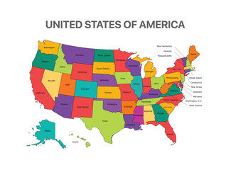 United States of America Colorful world map infographic, World map with continents, oceans, country landmarks and cities