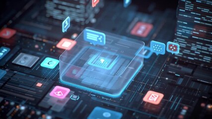 Futuristic digital interface with glowing icons, social media communication technology, data network, abstract background, floating icons - Powered by Adobe