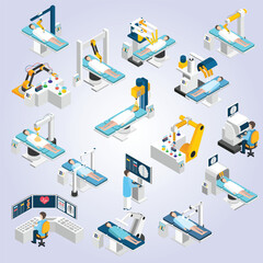 Isometric Futuristic Robotic Surgery Set with Doctor and Patient on Bed