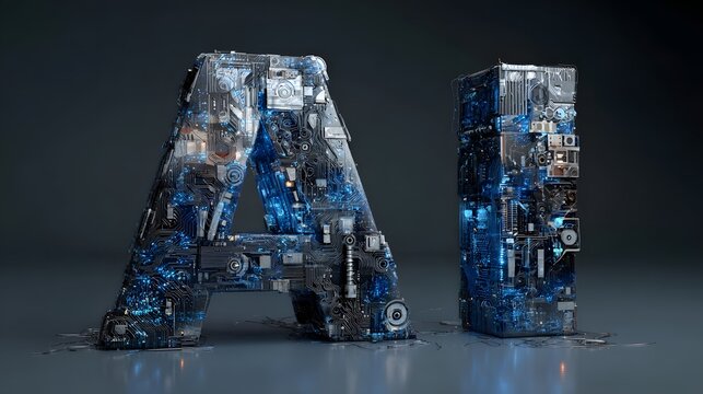 3D Glass AI Letters – Futuristic Blue Technology Chip Design Rendering - Powered by Adobe
