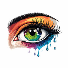 Artistic illustration of a human eye featuring a rainbow-colored iris, vivid makeup