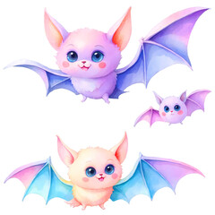 cute pastel bat, kawaii pastel watercolor, transparent background