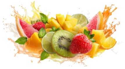 A vibrant display of fresh fruits including strawberries, mangoes, kiwis, and limes, splashing into a clear liquid, creating an energetic and refreshing scene ideal for food promotions