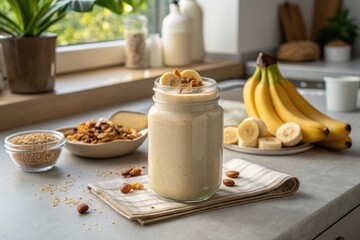 Banana milkshake in a clear glass jar, topped with sliced bananas and crushed nuts,