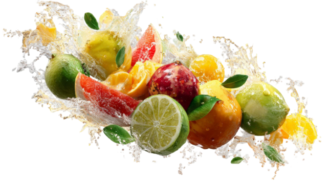 A vibrant splash of assorted fruits including lemons, limes, oranges, and apples, creating a refreshing scene as water cascades around them, ideal for food and beverage marketing
