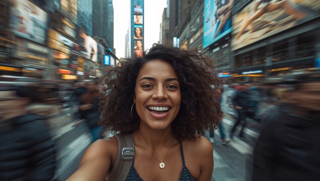 Taking selfie woman wearing strappy top at city square, with smartphone and digital billboards
