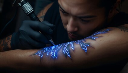 Tattooing tattoo artist using machine applying blue bolt on forearm at studio, with black glove