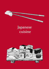 Japanese Restaurant Menu. Hand-drawn illustration of dishes and products. Ink. Vector	
