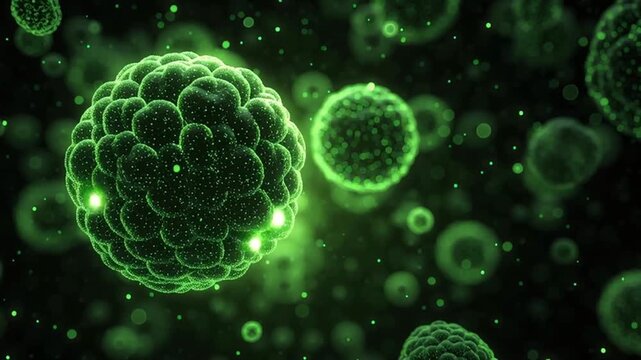 Green virus cell microscopic glowing biological science infection disease health digital illustration, green glowing cell microorganism bacteria - Powered by Adobe
