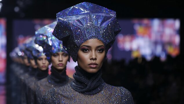 Walking model wearing geometric holographic headpiece and sequin suit on runway, with LED backdrop - Powered by Adobe
