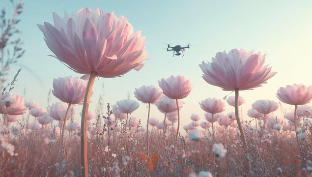 Hovering black quadcopter drone surveying pink ranunculus flowers and grasses in meadow at sunrise - Powered by Adobe