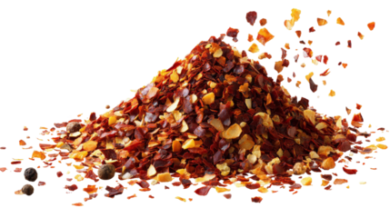 A vibrant pile of crushed red chili flakes spilling onto a clean surface, showcasing their rich colors and textures, ideal for culinary use or spice-related content